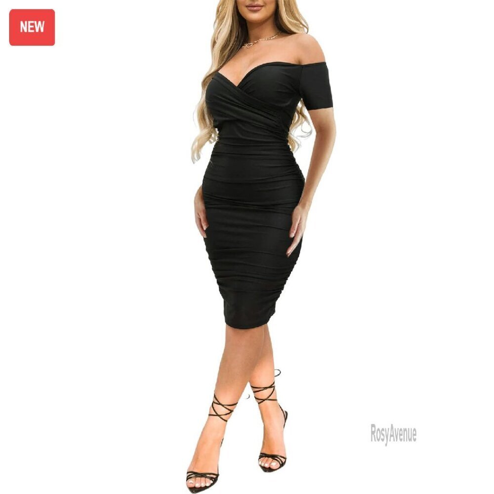Sexy Off Shoulder Ruched Midi Bodycon Dress Satin Cocktail Party